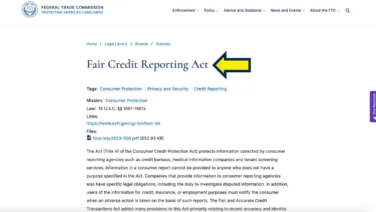 Screenshot image of the fair credit reporting act page