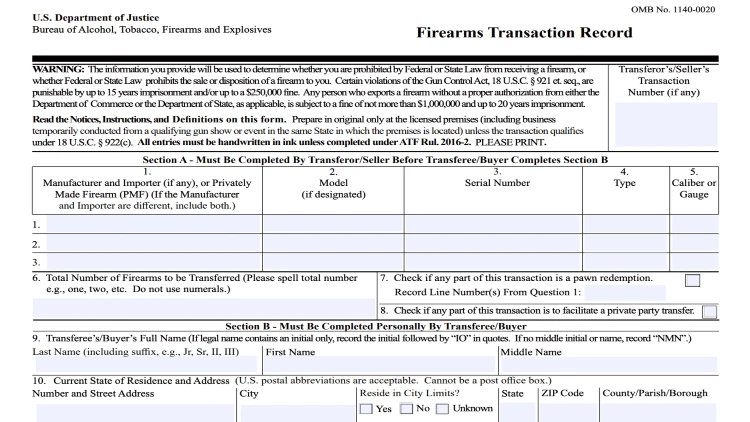 Screenshot image of the firearms transaction record form