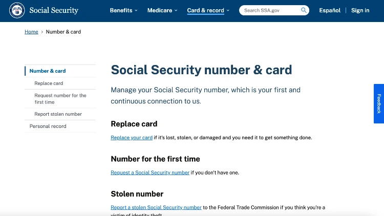 Screenshot image of the social security number and number page on the social security website