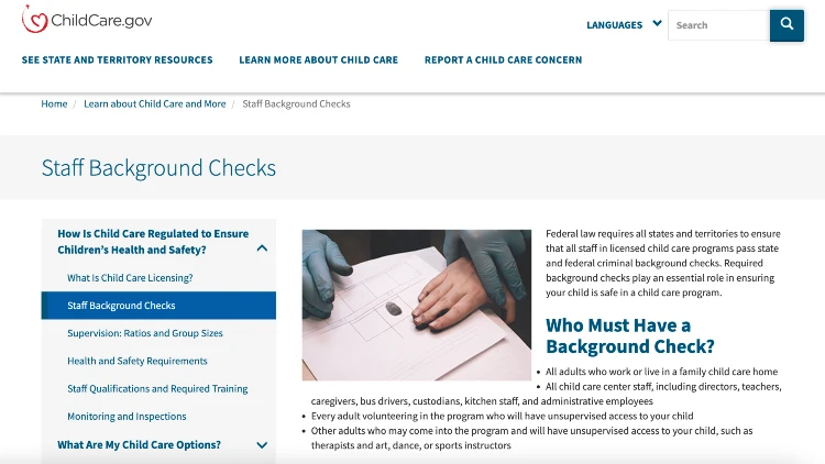 Screenshot image of the ChildCare website on staff background checks