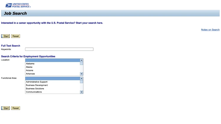 Screenshot image of the United States Postal Service job search page