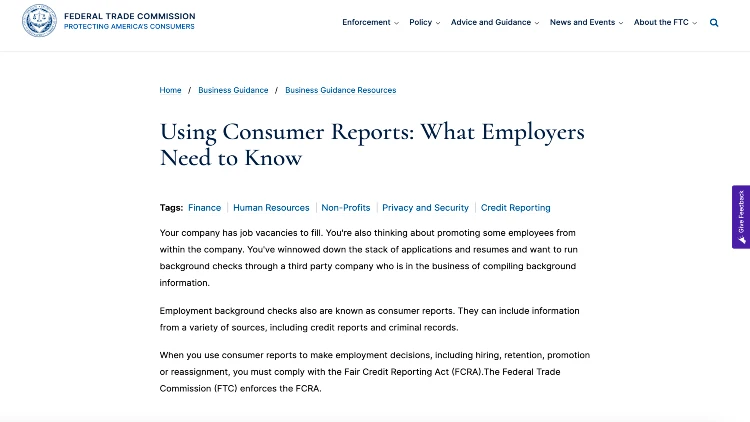 Screenshot image of the Federal Trade Commission website on using consumer reports