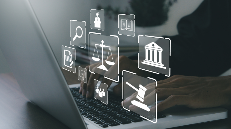 Person using a laptop with icons depicting legal concepts such as a magnifying glass, scales of justice, a gavel, books, a courthouse, individuals, and an efficient court database overlayed.