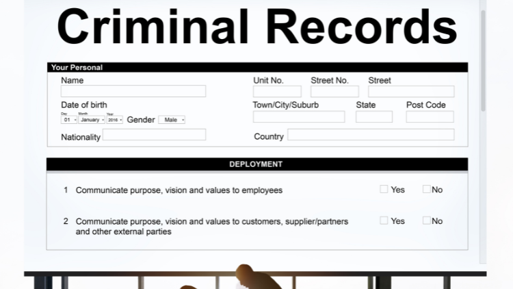 Image of a criminal records form projected onto a whiteboard with a silhouette of a man seemingly reviewing it.