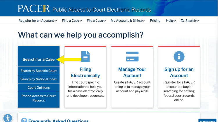 Screenshot of PACER (Public Access to Court Electronic Records) Case Locator tool that allow users to search court records when wondering "how do i find my divorce date online for free" However PACER will charge ten cents per search.